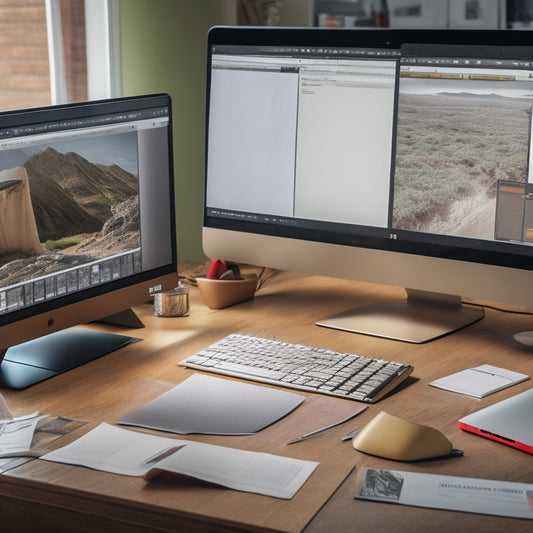 A split-screen image featuring a cluttered, paper-strewn desk with pens and redlined documents on one side, and a sleek, minimalist computer screen displaying a collaborative document editing interface on the other.