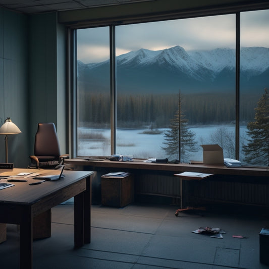 A dimly lit, abandoned office space with empty desks, scattered papers, and a few abandoned chairs, surrounded by boxes and a " Closed" sign on the door, with a faint Alaskan wilderness landscape visible through the window.