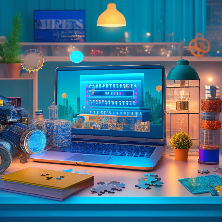 A stylized illustration of a laptop screen displaying a digital storefront with various downloadable products, surrounded by puzzle pieces, gears, and lightbulbs, conveying strategy and innovation.
