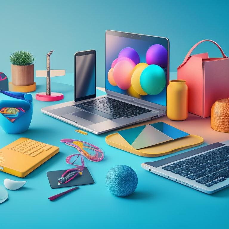 A stylized illustration of a laptop and smartphone surrounded by various ecommerce templates, with colorful icons and shapes bursting out, conveying a sense of freedom and limitless possibilities.