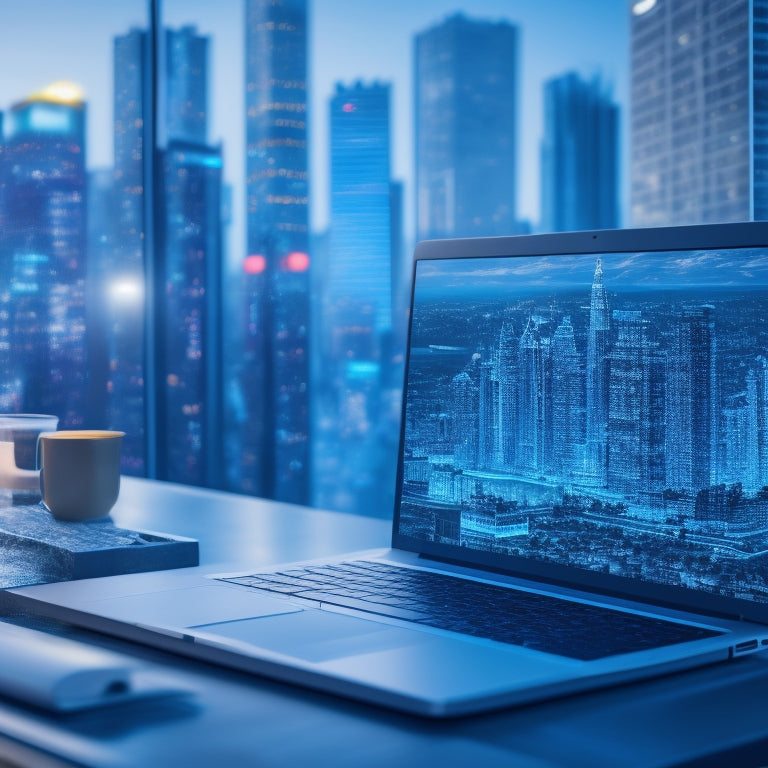 A futuristic, minimalist illustration of a laptop with a cityscape emerging from its screen, featuring sleek skyscrapers and winding roads made up of coding symbols and startup icons.