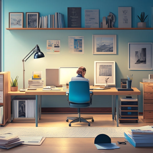 An illustration of a person standing in front of a cluttered desk with scattered papers, broken clocks, and tangled cords, transforming into a organized workspace with a minimalist desk, a single clock, and a laptop with a calm, serene background.