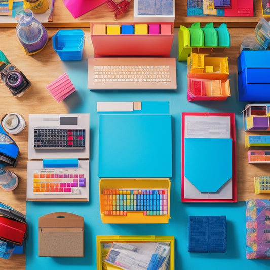 A colorful, overhead shot of a sprawling, organized workspace with various Avery label products arranged in neat rows, surrounded by office supplies and a few laptops.