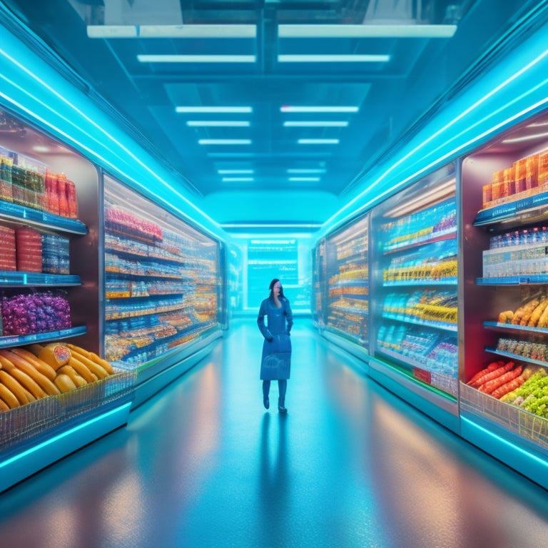 A futuristic supermarket with virtual reality headsets and tablets on shelves, surrounded by holographic displays and robots assisting employees, amidst a blurred background of city skyscrapers.