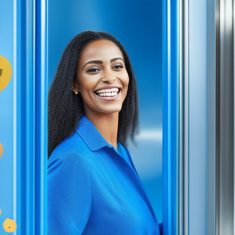 A stylized illustration of a customer holding a satisfied smile, surrounded by revolving doors with gift boxes and smile emojis flowing out, set against a bright, gradient blue background.