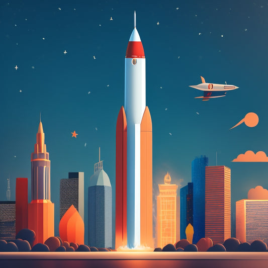 A stylized, minimalist illustration of a rocket ship blasting off into the sky, surrounded by checkboxes and ecommerce icons, with a subtle cityscape or storefront in the background.