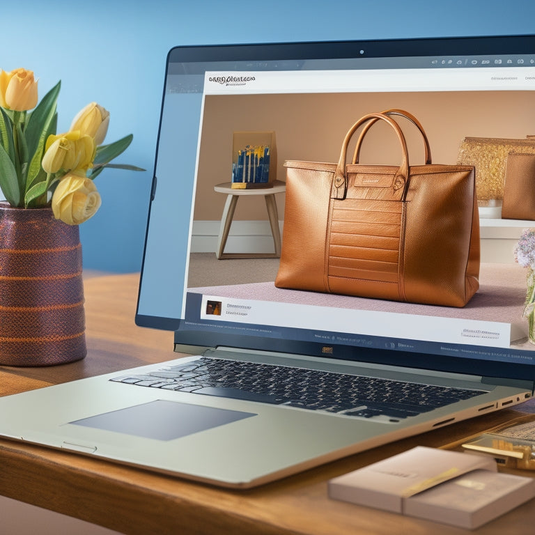 An illustration of a laptop screen displaying an ecommerce website with a prominent call-to-action button, surrounded by shopping bags, credit cards, and a subtle grid of screens in the background.