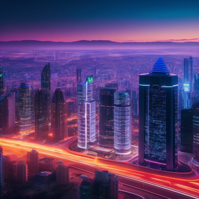 A futuristic cityscape at dusk with sleek skyscrapers and neon lights reflecting off a vast, curved screen displaying a rising sales graph, surrounded by orbiting digital devices and abstract data streams.