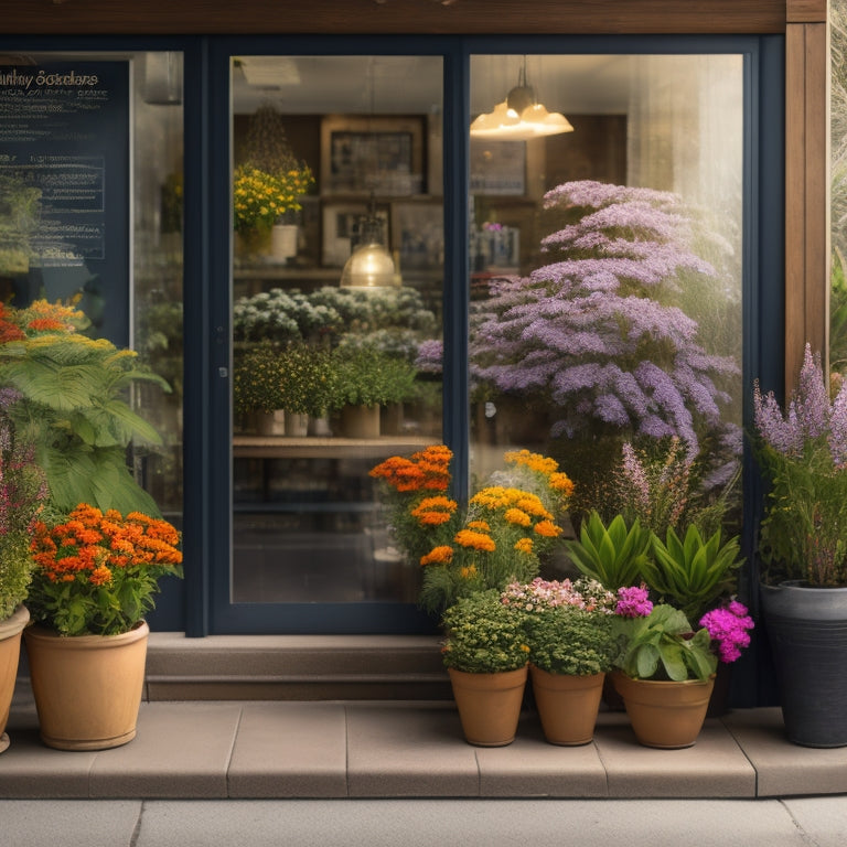 An illustration of a merchant's storefront, with a tablet and smartphone displaying digital sales analytics, surrounded by growing plants and blooming flowers, symbolizing growth and profitability.