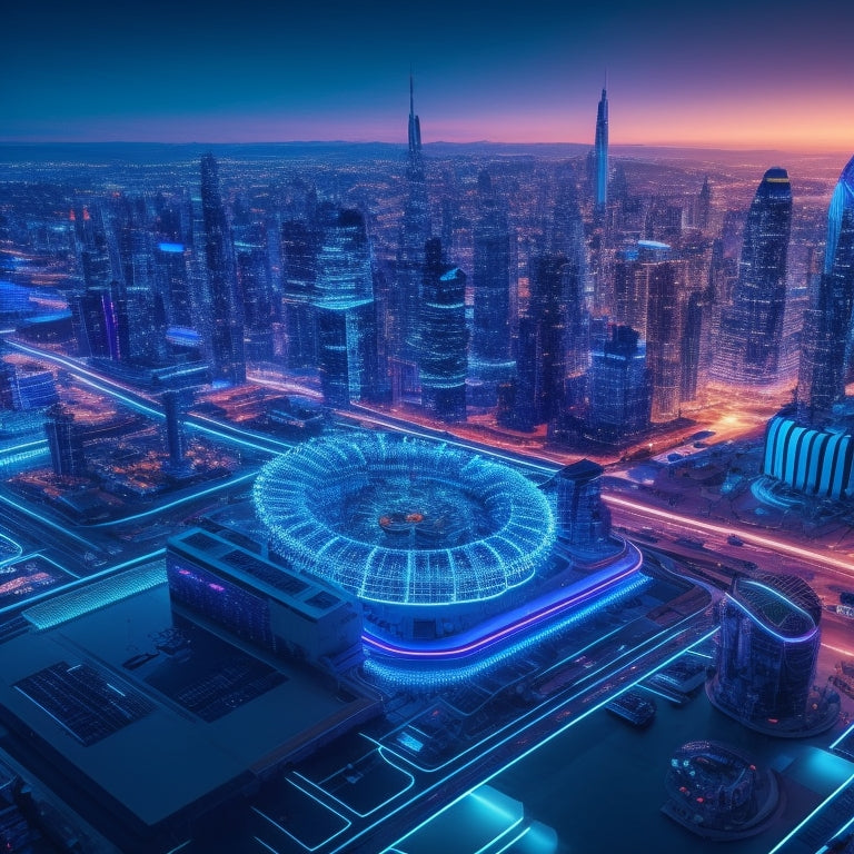 A futuristic cityscape at dusk with glowing blue circuits and neon lights, featuring a large, stylized gear at the center, surrounded by orbiting icons of laptops, smartphones, and tablets.
