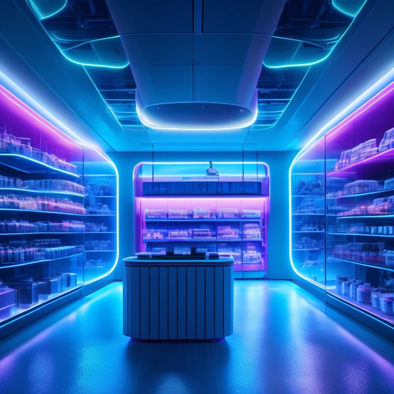 A futuristic e-commerce store interior with sleek, glowing shelves and neon-lit product displays, surrounded by swirling clouds of code and virtual reality elements, with a subtle cityscape background.