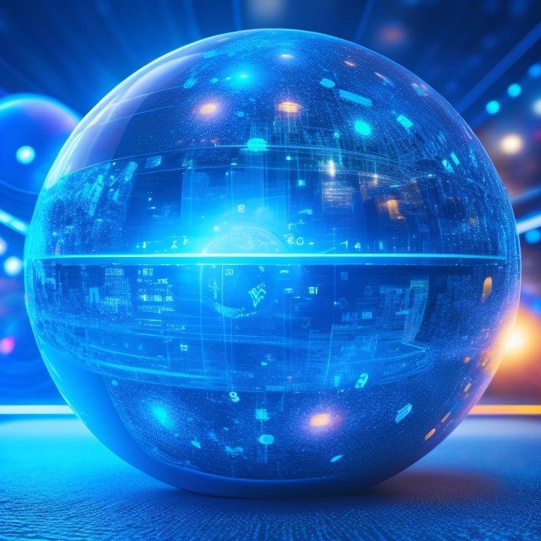 A futuristic, metallic sphere with glowing blue circuits and wires, surrounded by orbiting product icons (e.g., shopping bags, phones, laptops) and subtle, shifting online marketplace backgrounds.