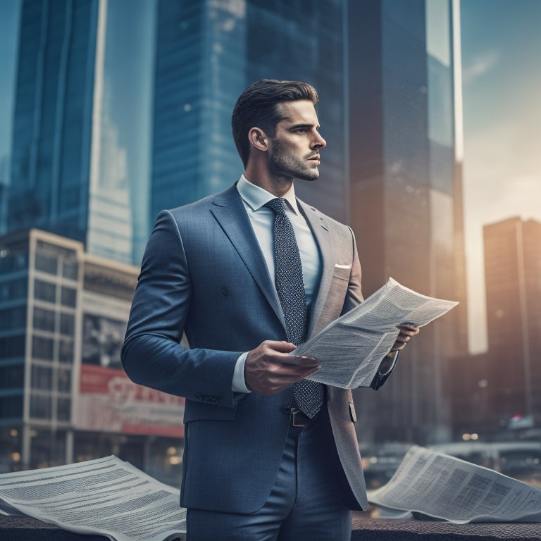 A professional businessman standing confidently in front of a cityscape, holding a shield with a miniature contract and pen on it, surrounded by torn and crumpled newspapers.