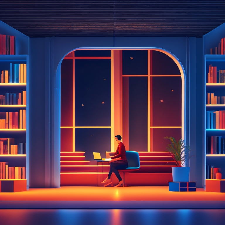 A minimalist illustration featuring a person sitting in a cozy library, surrounded by floating books and glowing screens, with vibrant colors and subtle animations to convey a sense of dynamic learning.