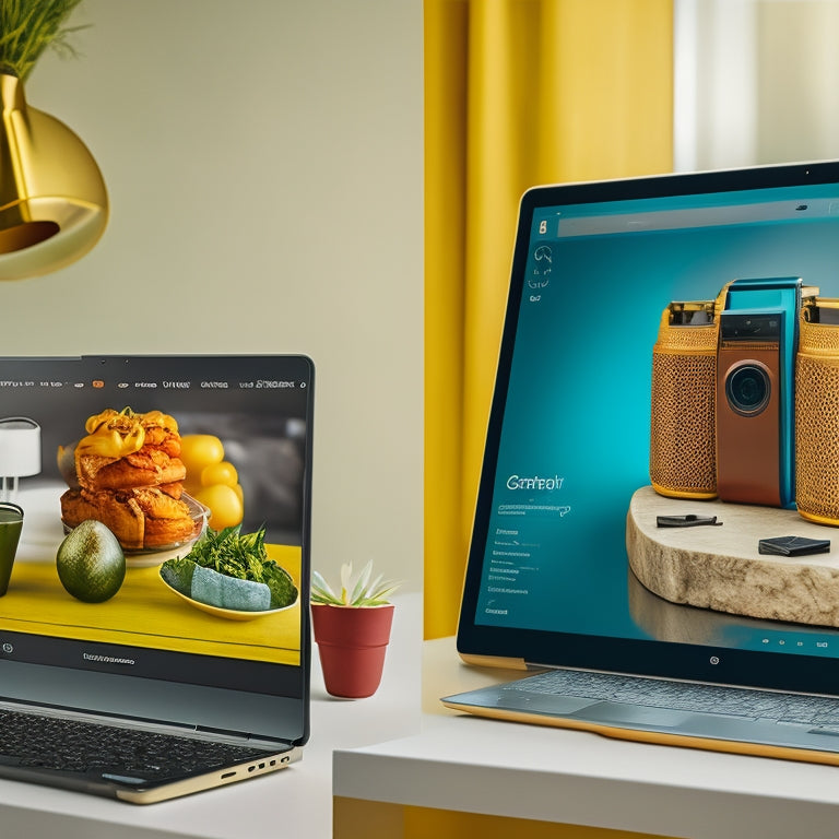 A vibrant, modern background with a laptop and tablet displaying a split-screen comparison of a dull, outdated ecommerce presentation next to a visually appealing, revamped one with bold graphics and icons.