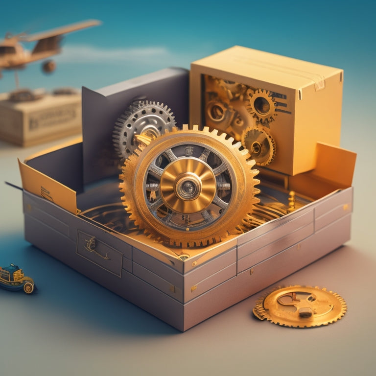 A minimalist illustration of a clockwork mechanism with interconnected gears, surrounded by stylized shipping boxes and arrows, conveying efficiency and seamless movement.