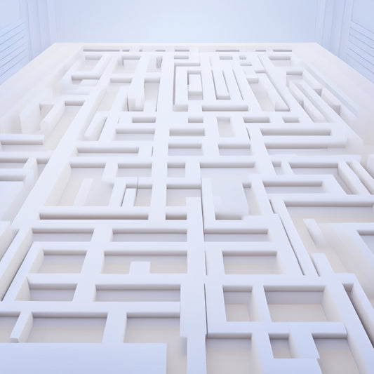 A stylized illustration of a maze with various paths converging into a single, clear route, symbolizing simplified choices, set against a clean, white background with subtle ecommerce-inspired elements.