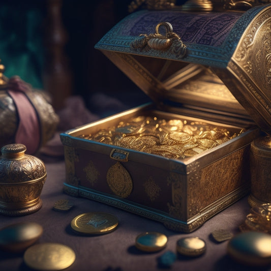 A treasure chest overflowing with gold coins, surrounded by scrolls and cryptic maps, with a subtle glow emanating from within, symbolizing hidden revenue secrets revealed.