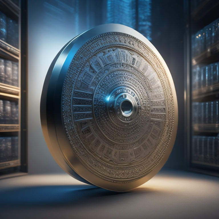 A shield with a subtle online shopping cart incorporated into its design, surrounded by a circle of interconnected gears and nodes, radiating a warm, trustworthy light.