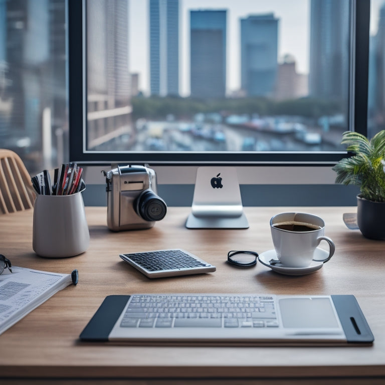 A modern, minimalist desk with a laptop, surrounded by scattered notes, a cup of coffee, and a few ecommerce-themed objects like a mini shopping cart or a credit card, set against a blurred cityscape background.