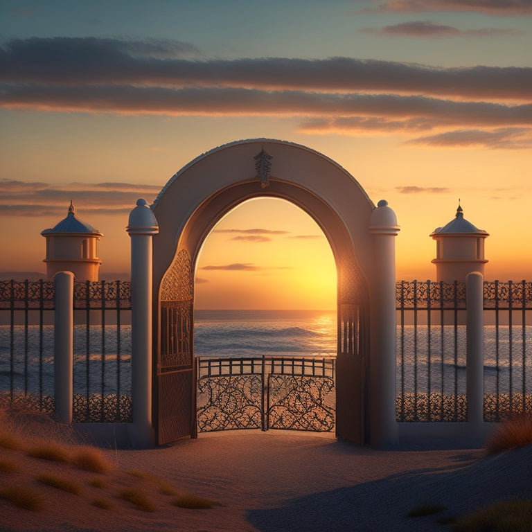 A stylized illustration of a secure, fortified gateway situated on a serene ocean coastline at sunset, with a subtle wave pattern in the background and a faint digital grid overlay.