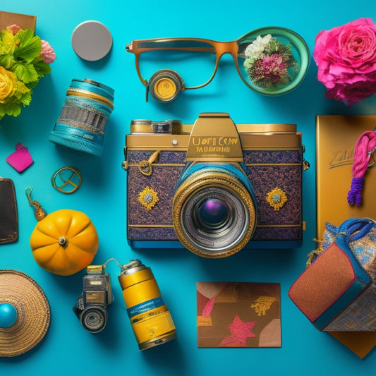 A vibrant illustration of a laptop surrounded by eclectic, colorful objects like vintage camera, handmade jewelry, and antique vases, with packages and shipping labels scattered around, conveying online selling excitement.