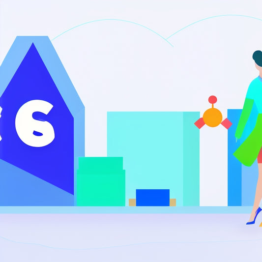 A stylized illustration of a Shopify storefront with a subtle Google Merchant Center logo in the corner, surrounded by rising sales graphs, shopping bags, and upward-pointing arrows in a bright, gradient blue background.
