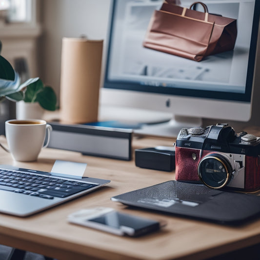 A laptop on a modern desk with a blurred-out ecommerce website on the screen, surrounded by scattered papers, a cup of coffee, and a few scattered shopping bags, with a prominent download icon.