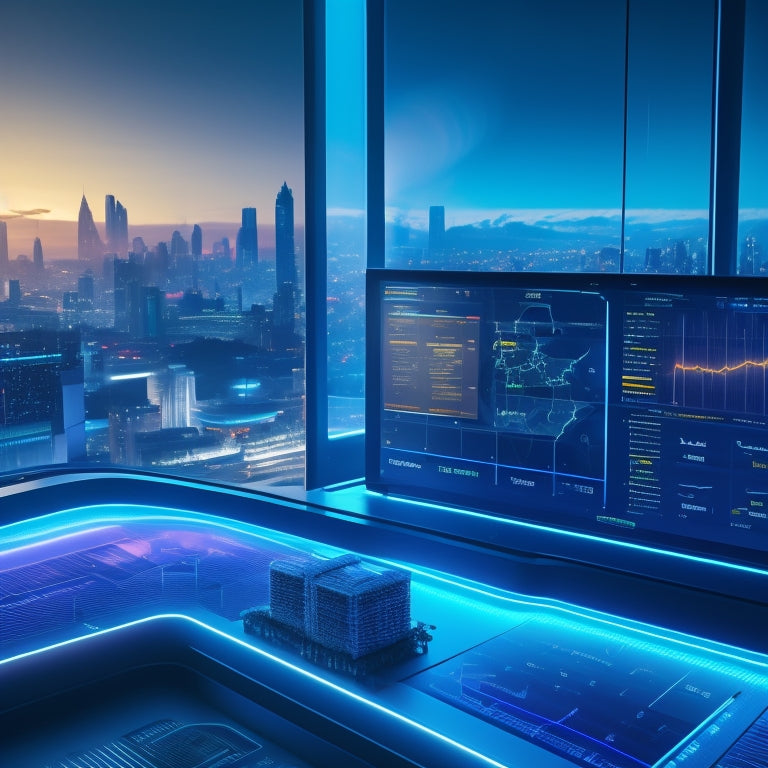 A futuristic dashboard with sleek, neon-lit lines and glowing charts, surrounded by a cityscape at dusk, with a subtle grid pattern and a few stylized Webflow logos in the background.