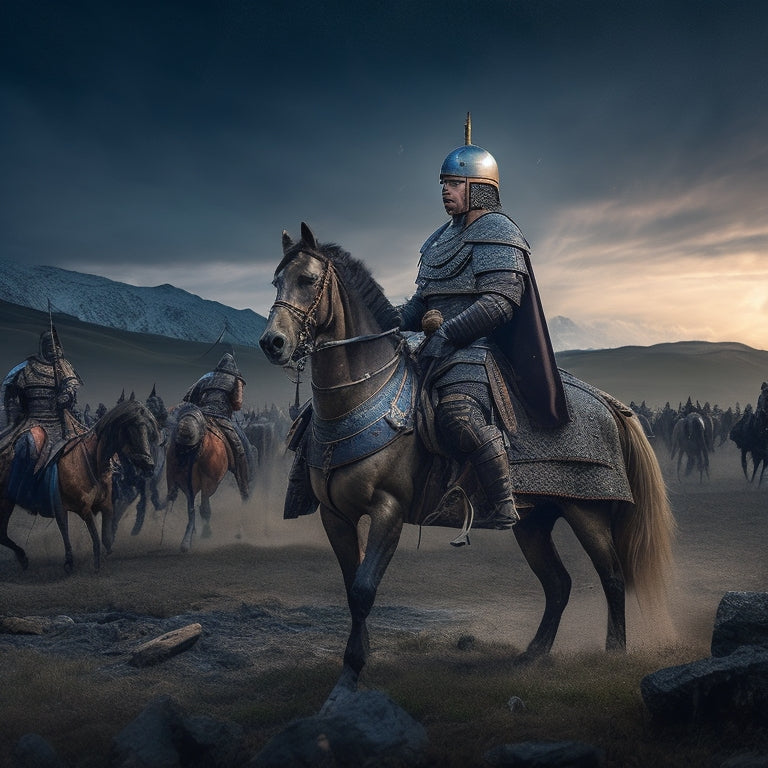 A dramatic, moonlit scene depicting a 10th-century Kievan Rus' warrior, clad in leather armor, standing victorious amidst a battlefield littered with broken shields, splintered lances, and fallen Mongol horses.