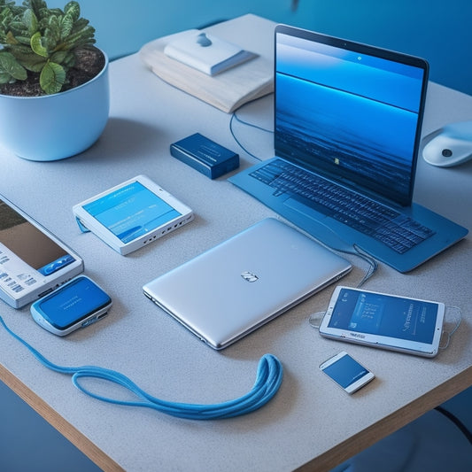 A laptop open on a clutter-free desk, with a payment terminal and a smartphone nearby, surrounded by neatly organized cables and a subtle background gradient of calming blues and whites.