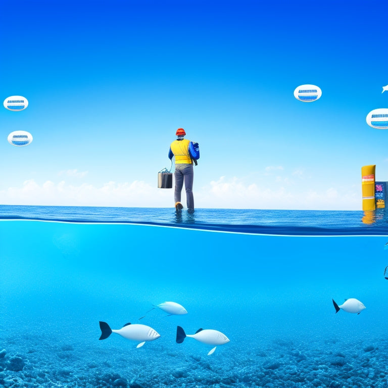 An illustration of a diving person surrounded by speech bubbles, each containing a different Oscommerce-related icon (e.g., shopping carts, payment symbols), set against a calming blue ocean background.