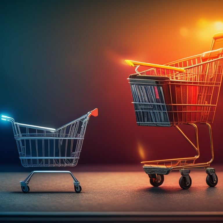 A split-screen image with a digital download icon (a stylized arrow pointing downwards) on a light background, weighed against a pile of coins on a dark background, with a faint ecommerce shopping cart in the shadows.