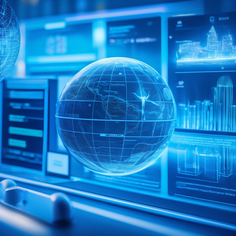 A futuristic dashboard with glowing blue lines and grids, featuring a large, transparent globe with a magnifying glass zoomed in on a shopping cart, surrounded by scattered credit cards and locks.