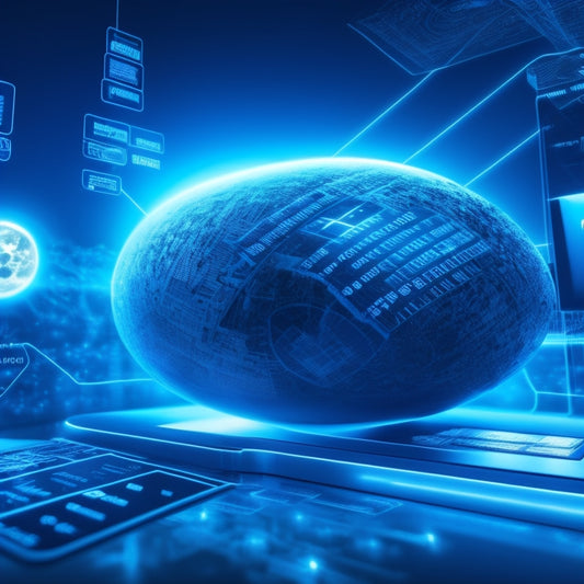 A futuristic, sleek illustration featuring a glowing blue virtual terminal with swirling lines and circuits, surrounded by orbiting credit cards and currency symbols, set against a dark, gradient blue background.