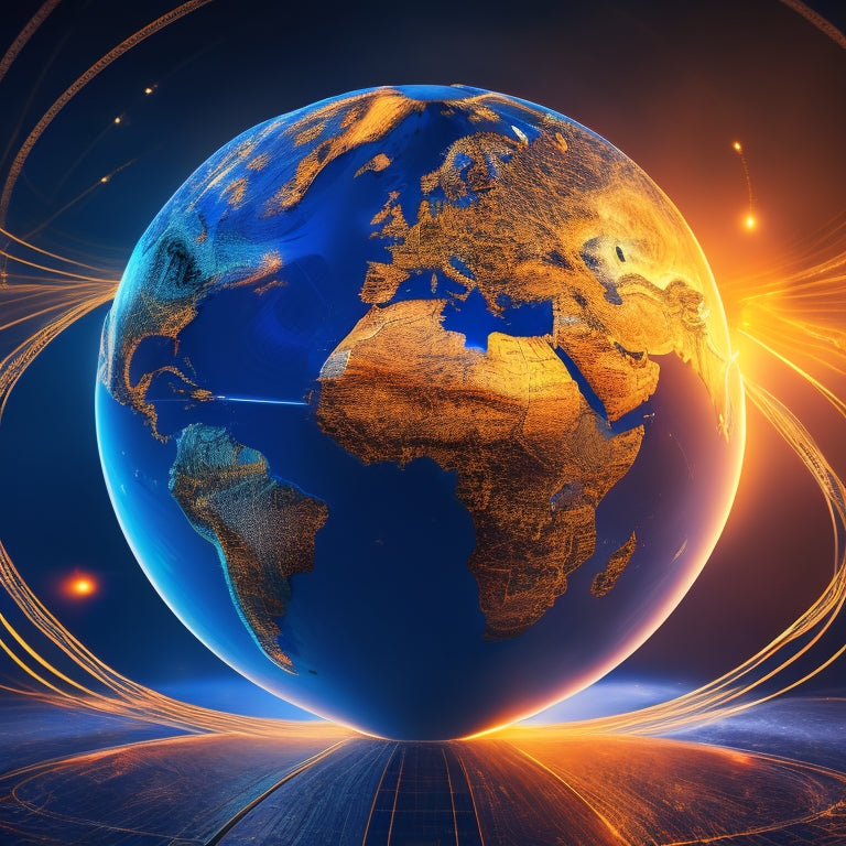 A globe with glowing blue digital pathways and flashing connection nodes, surrounded by swirling arrows in shades of orange and yellow, conveying rapid global market shifts and e-commerce momentum.