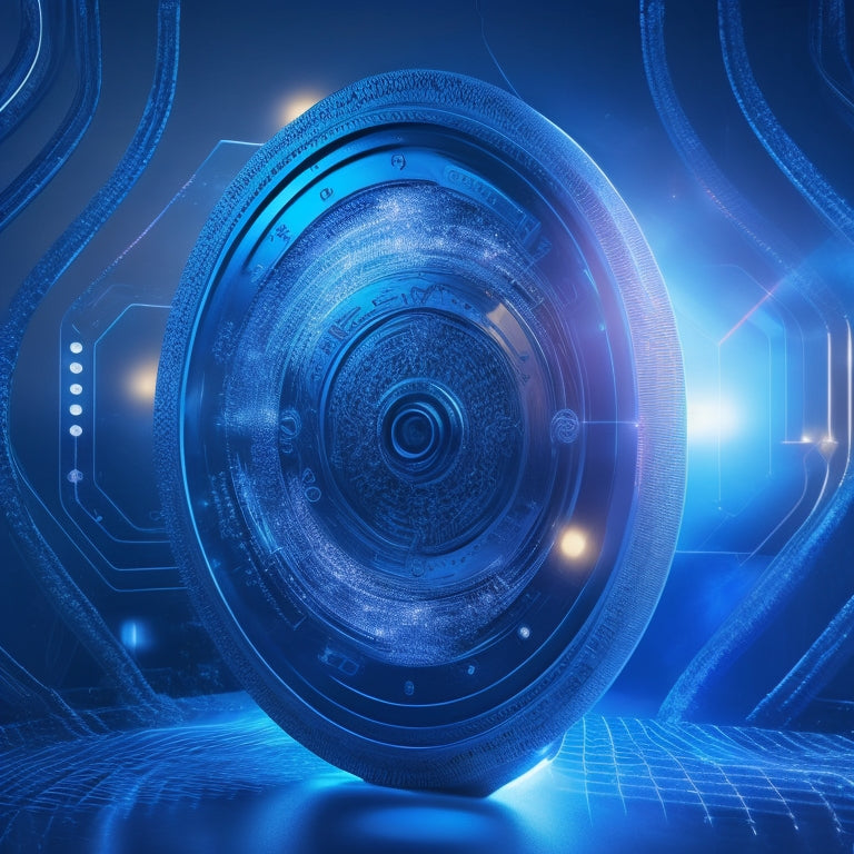 A futuristic illustration of a secure payment gateway, featuring a circular shield with a padlock at its center, surrounded by swirling digital patterns and abstract shapes, set against a dark blue background.