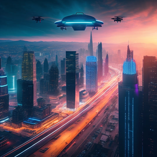 A futuristic, neon-lit cityscape at dusk, with sleek skyscrapers and hovering drones, featuring a giant, glowing shopping bag in the center, surrounded by orbiting digital icons.