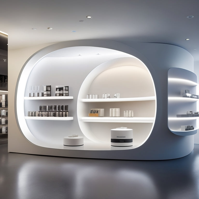 A futuristic, minimalist e-commerce store interior with sleek shelves, glowing product displays, and a massive, curved screen showcasing a scrolling website interface.