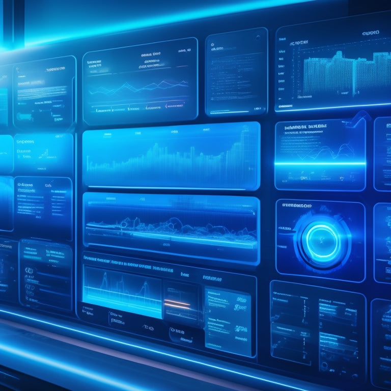 A futuristic dashboard with glowing blue lines and neon-lit graphs, surrounded by minimalistic icons of shopping carts, charts, and gears, set against a dark gradient background.