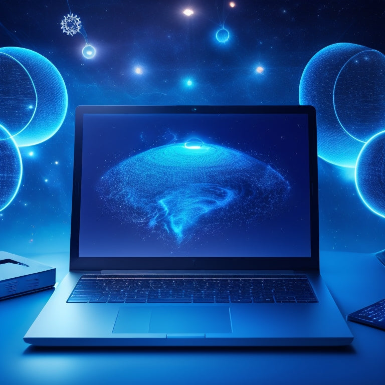 A futuristic, minimalist illustration of a laptop with a glowing screen, surrounded by orbiting icons of popular e-learning platforms, connected by sparkling lines and nodes, set against a dark blue background.