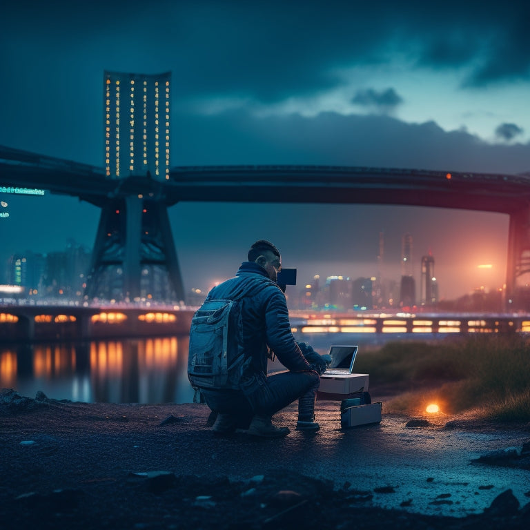 A person standing in front of a broken bridge, with a laptop and broken robots surrounding them, amidst a cityscape with dark clouds and a faint glowing light in the distance.