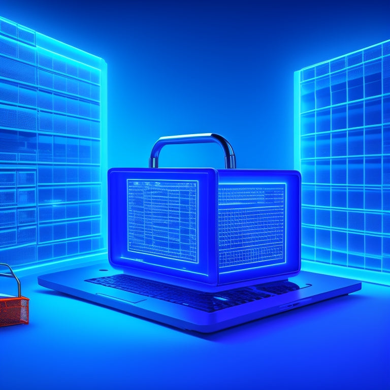 An illustration of a fortified online store with a shield protecting a laptop and shopping cart, surrounded by locks, firewalls, and alarm systems, set against a dark blue background with subtle circuit board patterns.