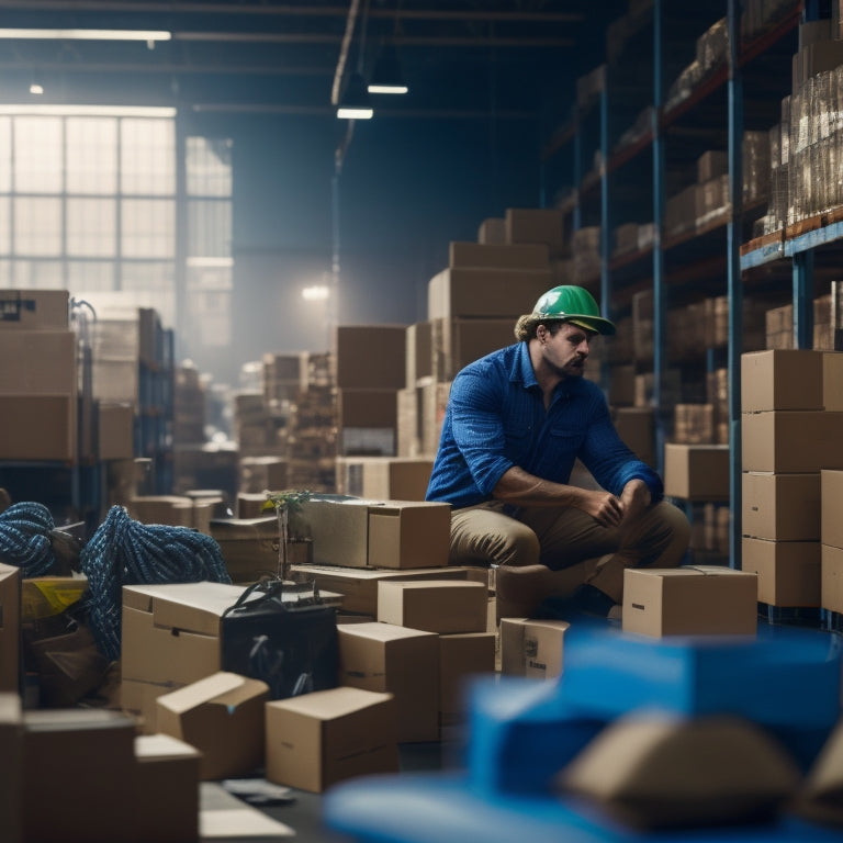 A cluttered warehouse with boxes and packages scattered everywhere, a frustrated warehouse worker in the background, surrounded by broken shelves and tangled conveyor belts, with a clock ticking in the foreground.