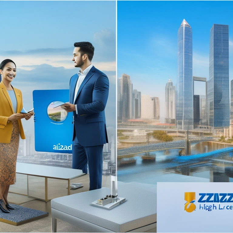 A split-screen image: on the left, a person in a business attire holding a tablet with Lazada's logo, standing in front of a blurred cityscape; on the right, a giant Alibaba's logo with puzzle pieces swirling around it.