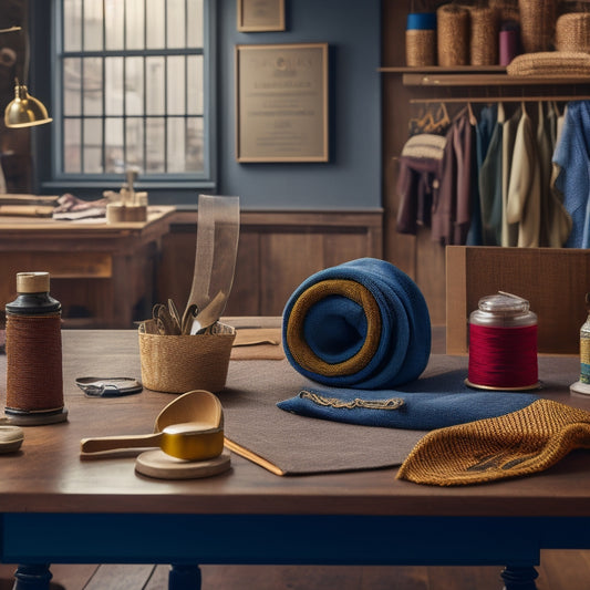 An illustration of a tailor's workshop with a Shopify storefront in the background, featuring a customized menu board with icons and a theme palette on a workbench, surrounded by threads and fabrics.