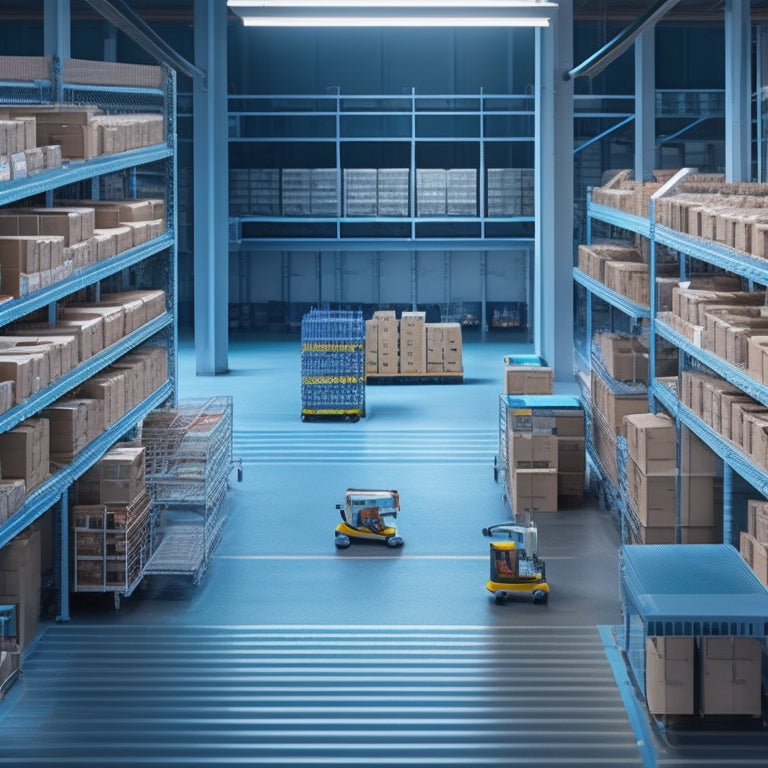 An illustration of a sleek, modern warehouse with rows of organized shelves, a conveyor belt, and a few robots efficiently navigating the space, surrounded by minimalist icons of computers and charts.