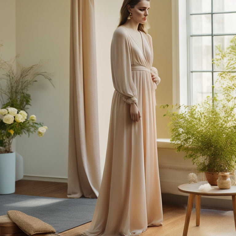 A serene, light-filled studio with a minimalist backdrop, featuring a beautifully draped Etta wrap dress in a soft, muted floral print, with a delicate wooden hanger and a few loose threads.