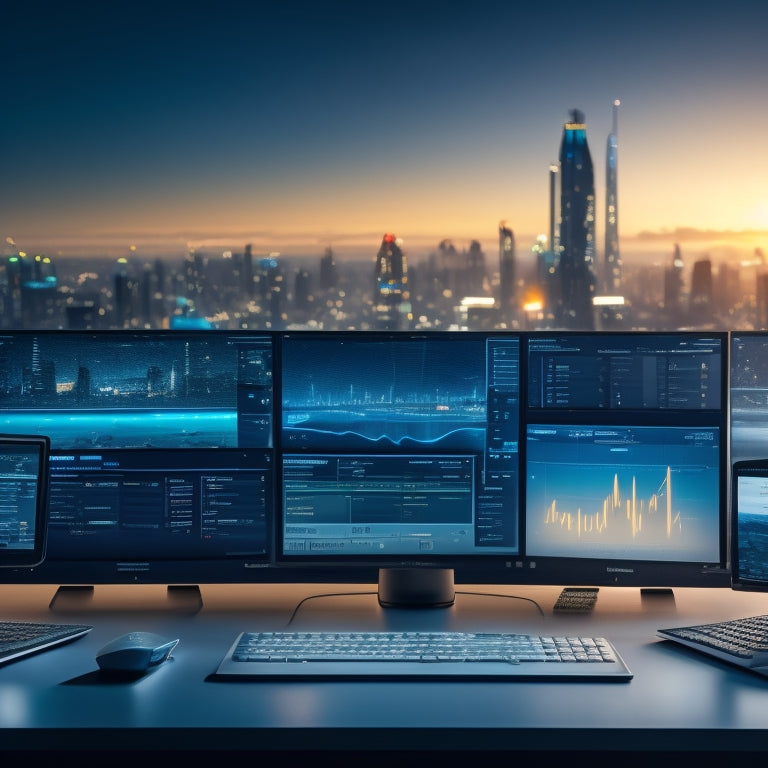 A futuristic ecommerce dashboard with various screens displaying charts, graphs, and metrics, surrounded by scattered laptops, tablets, and smartphones, with a subtle cityscape background at dusk.