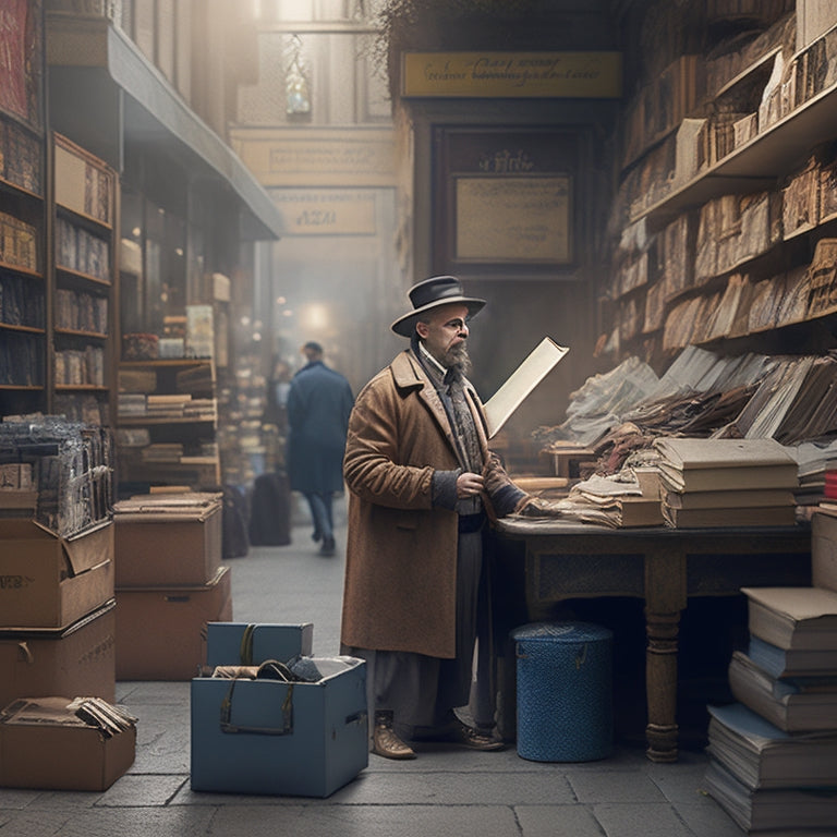 A stylized illustration of a merchant standing in front of a cluttered storefront, surrounded by piles of papers and confused customers, transformed into a calm and organized space with a laptop and a few neatly arranged books.